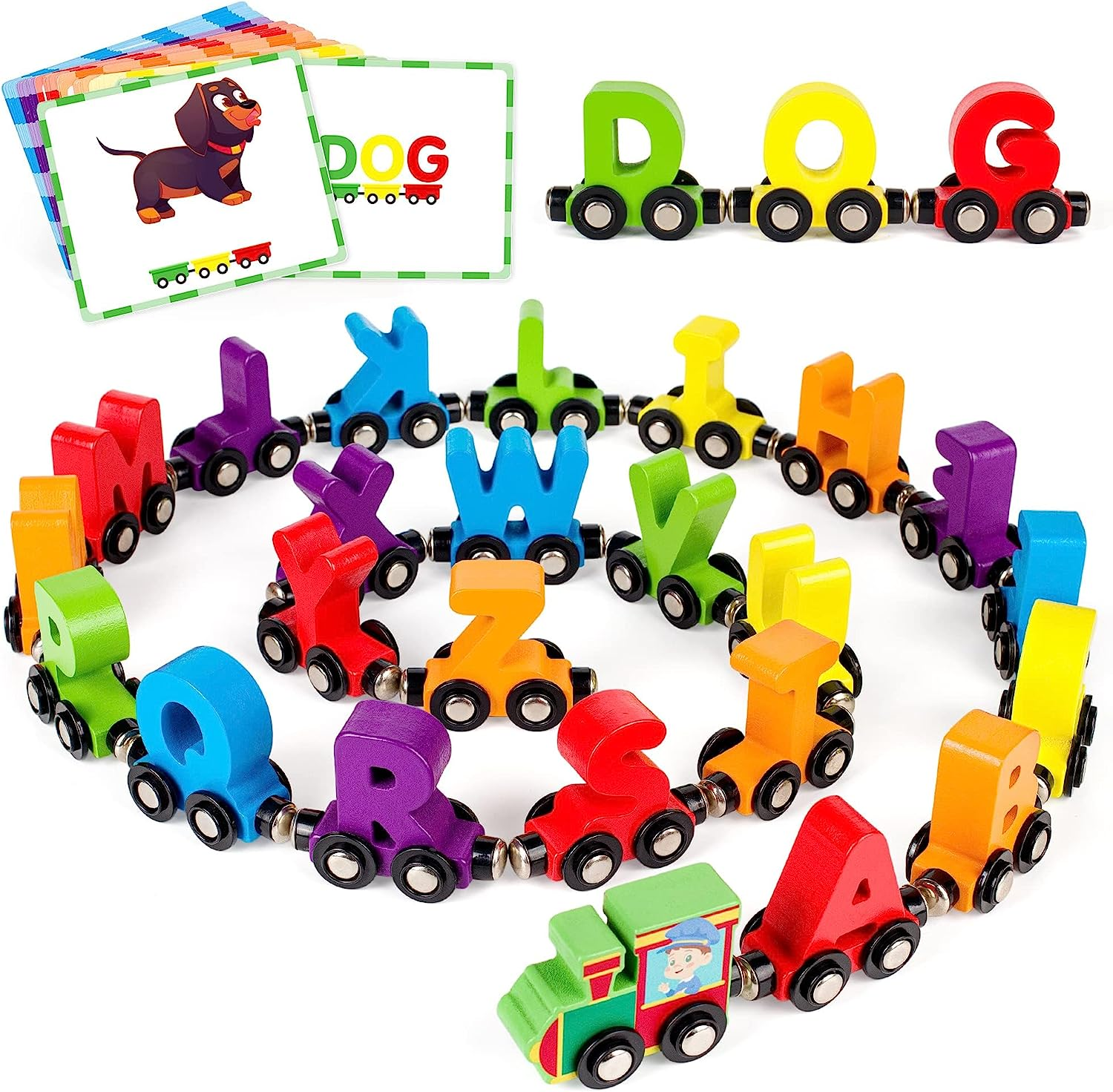 Vanmor 27 PCS Magnetic Wooden Alphabet Train Sets, ABC Letter Learning Toy Trains with 42 PCS Flash Cards, 1 Engine, 1 Storage Bag, Toddlers Kids Boys Girls Educational Toys Aged 3-7 New Year'S Gifts image number 2