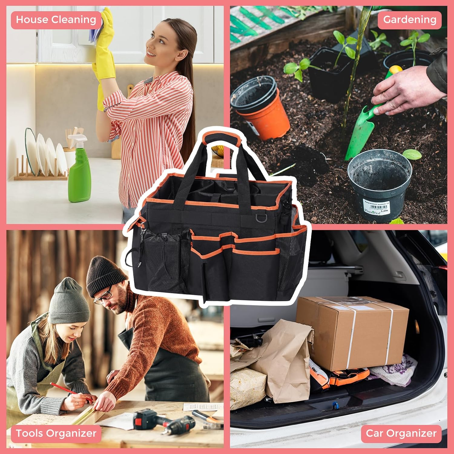 Procase Cleaning Caddy with Wheels for Housekeepers, Professional Portable Rolling Cleaning Supplies Large Clean Cart Bag with Detachable Trolley Handle and Shoulder Strap -Blackorange image number 5