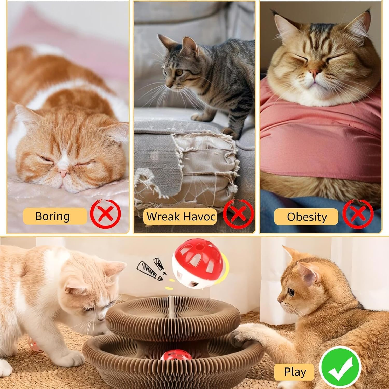 Cat Scratching Board Foldable, Magic Organ Cat Scratcher Board, Foldable Accordion Cat Toy with Ball, Durable Corrugated Cardboard Scratch Pad for Indoor Cats, Eco-Friendly Cat Toy