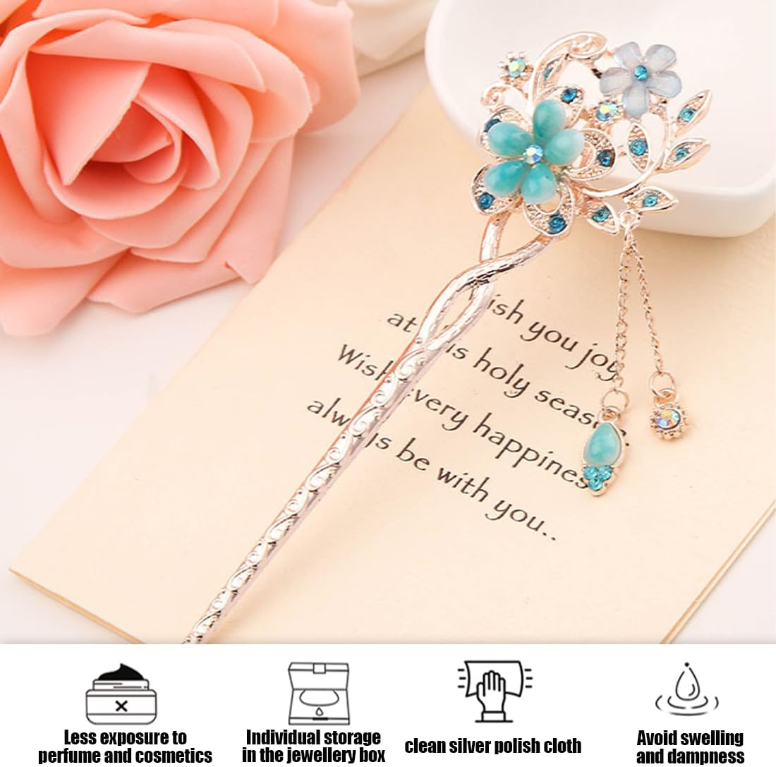 Vintage Hair Stick Opal Flower Hair Sticks Hair Decor Chinese Hairpins Old Hair Clip Old Hair Clip Blue image number 2