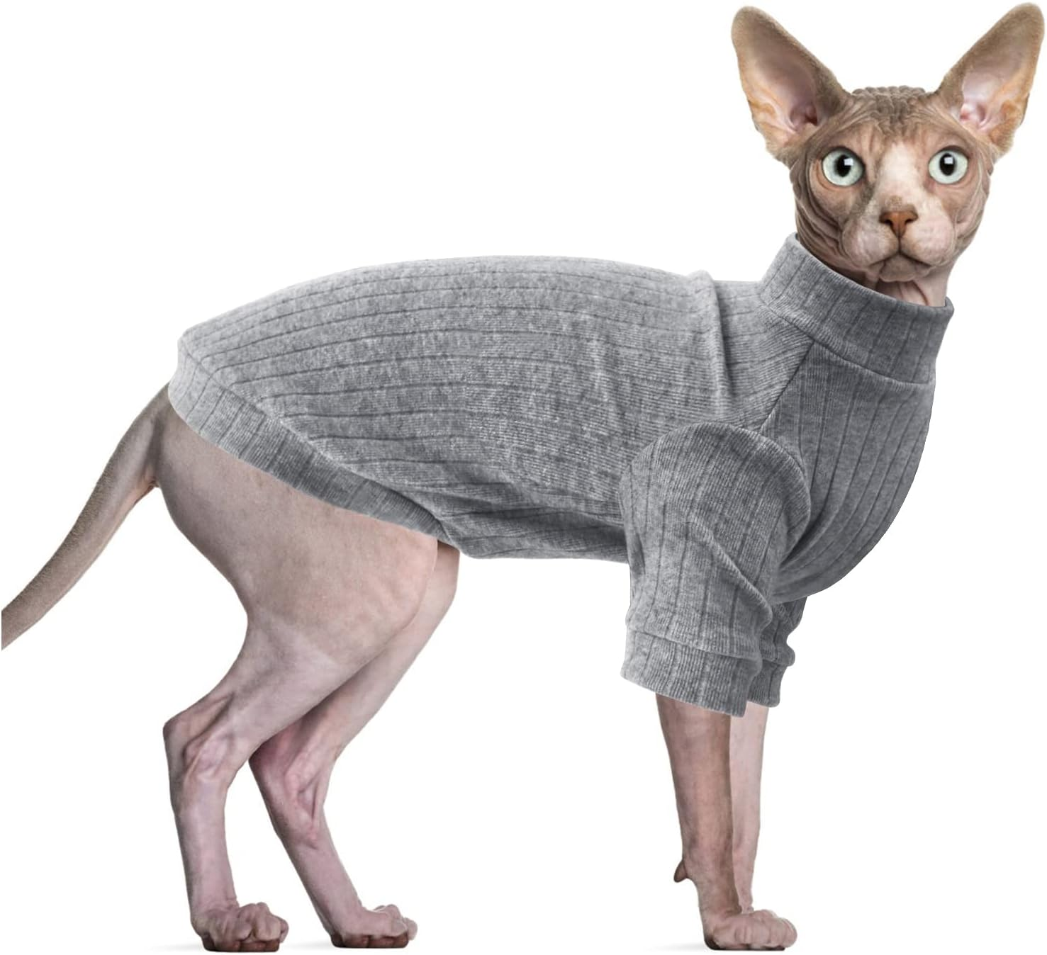 Oslueidy Sphynx Cat Clothes, Hairless Cat Vest Turtleneck Sweater, Kitten Puppy Pullover Shirt with Sleeves, Cat Pajamas Jumper for Sphynx, Cornish Rex, Devon Rex, Peterbald (Grey, XS)