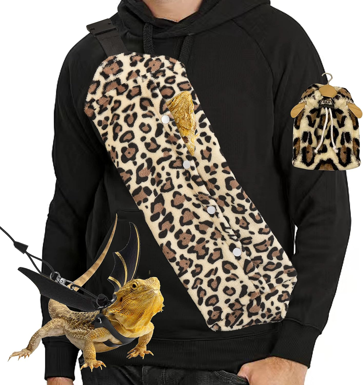 Bearded Dragon Leash and Harness Set, Beardie Carrier, Lizard Adjustable Harness with Leather Wings and Sling Bag, Reptile Small Pet Backpack Batwing Accessories (Leopard Pattern)