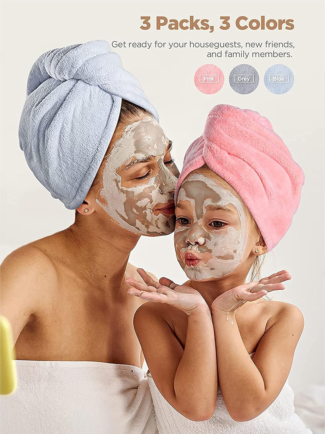 KU Pack of 3 Microfibre Hair Towels, Turban Hair Towel with Button, Super Absorbent, Quick-Drying, Haircare, Sleeping, Suitable for Women and Children, Long, Short, Curly Hair (Grey, Pink, Blue) image number 2