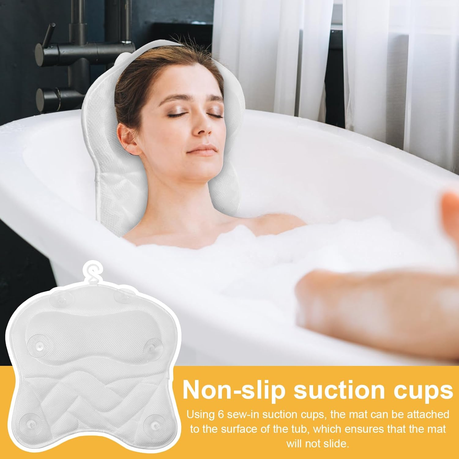 Awobepl Ergonomic Bath Pillow Breathable Air Mesh Bathtub Pillow with 6 Suction Cup and Hook Practical Bathroom Accessories for Neck and Back Support (White) - Black image number 4