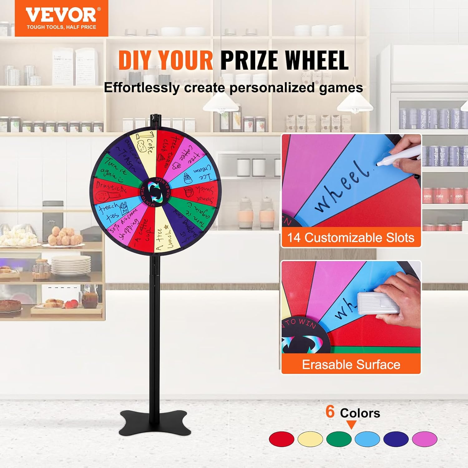 VEVOR 24 Inch Spinning Prize Wheel, 14 Slots Roulette Wheel, Customizable & Editable, Smooth Spinning, Exciting Atmosphere, Portable & Space-Saving, Complete Accessories, Ages All image number 5