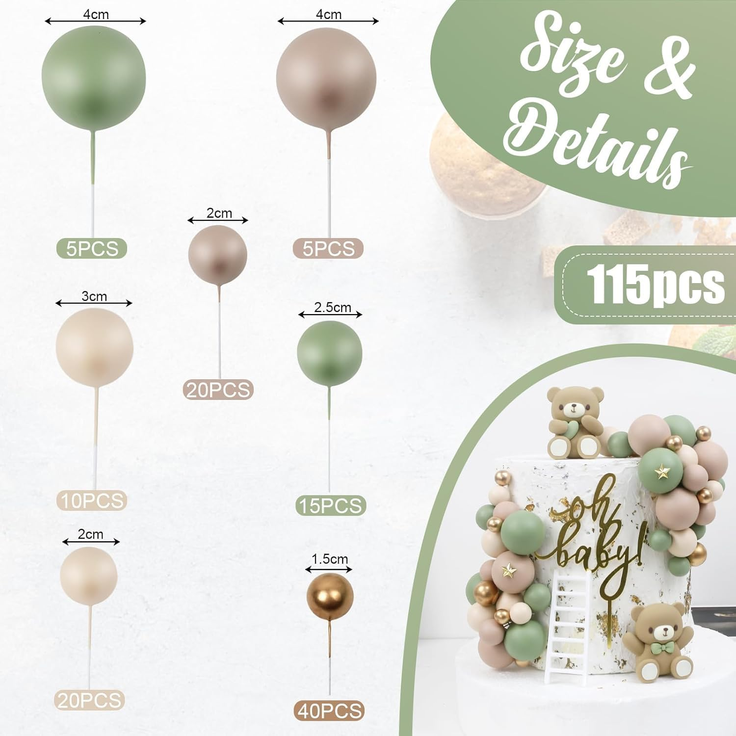 Mini Ball Cake Toppers, Foam Ball Cupcake Insert Toppers, Matcha Green, Light Brown, Khaki, Gold, Ideal for Parties, Baby Shower, Weddings, Non-Edible Cake Decorations, 115 Pieces - Ermaoo image number 4