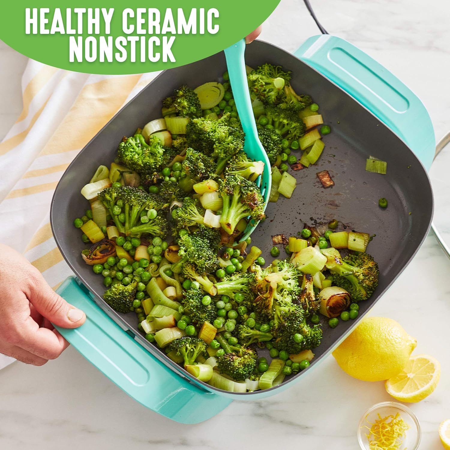 Greenlife 12" 5QT Square Electric Frypan, Glass Vented Lid, Ceramic Pfas-Free Nonstick Interior, Adjustable Temperature Control, Cool Touch Handles, Quick Even Heating, Scratch Resistant, Turquoise image number 4