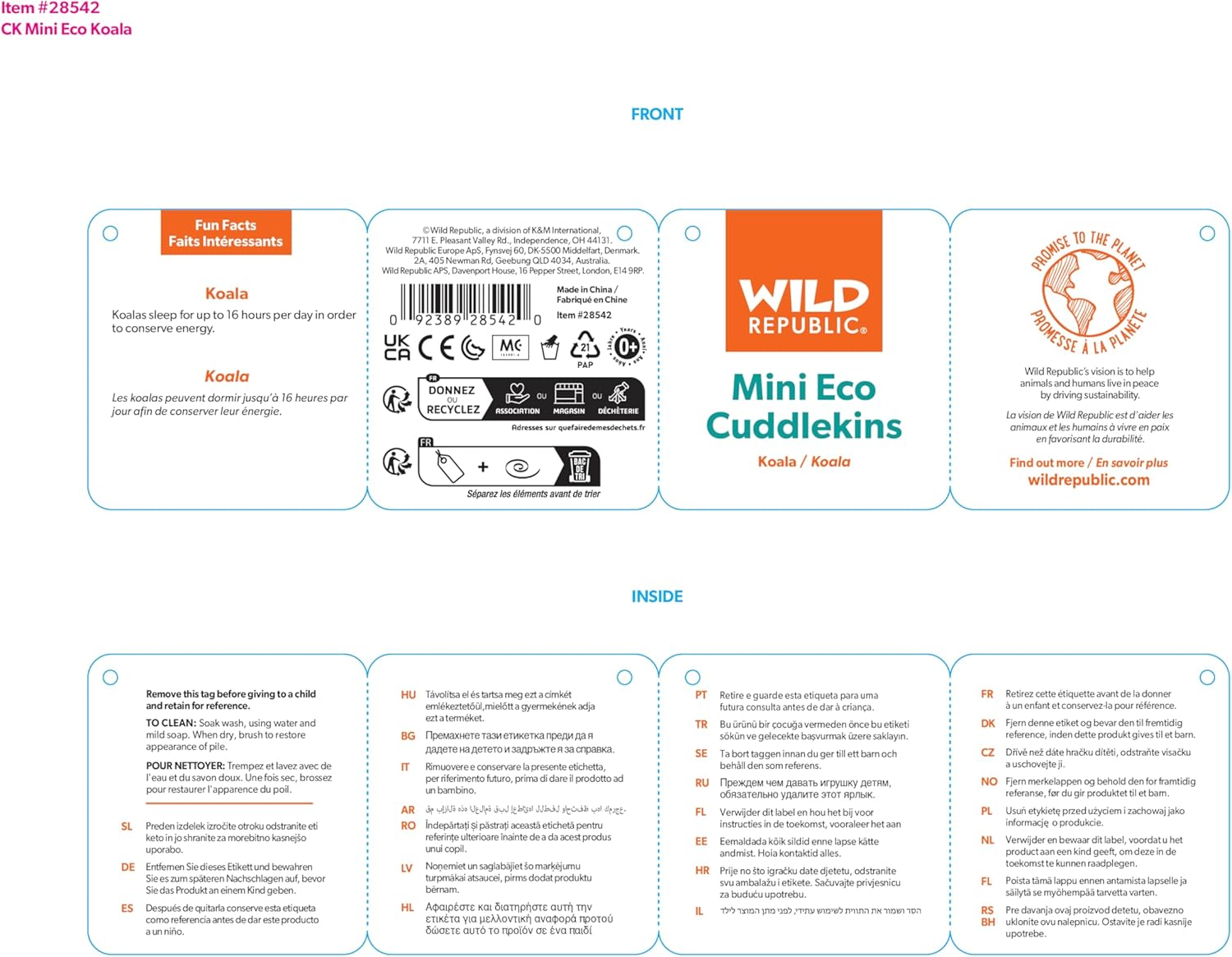 Wild Republic Cuddlekins Eco Mini Koala, Stuffed Animal, 8 Inches, Plush Toy, Fill Is Spun Recycled Water Bottles, Eco Friendly image number 1