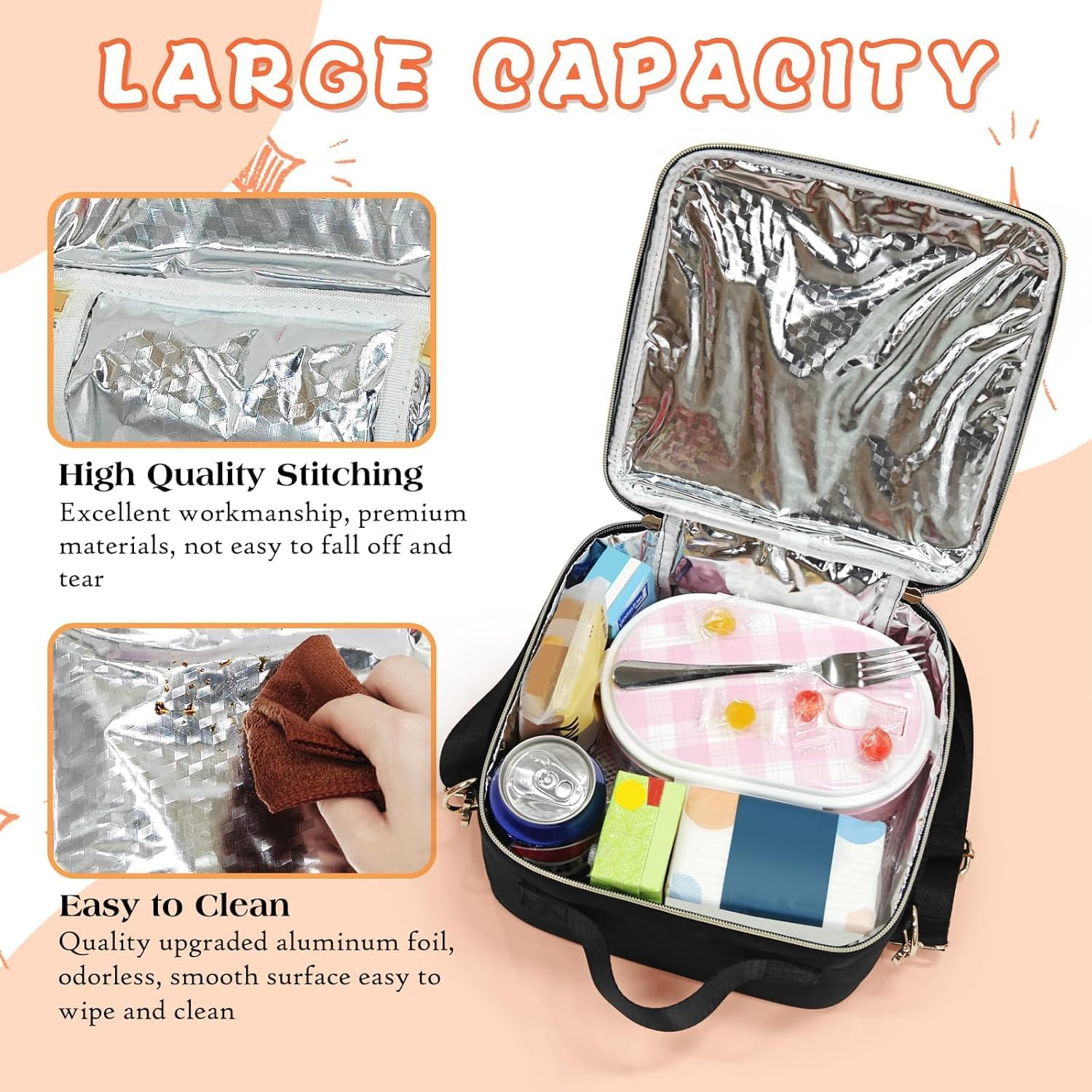 Insulated Lunch Bag Women Lunch Box Kids for Teen Girls Boys, Cute Preppy Lunch Boxes with Adjustable Shoulder Strap, Waterproof Nylon Lunchbox Lunch Bags for School Work Picnic image number 1