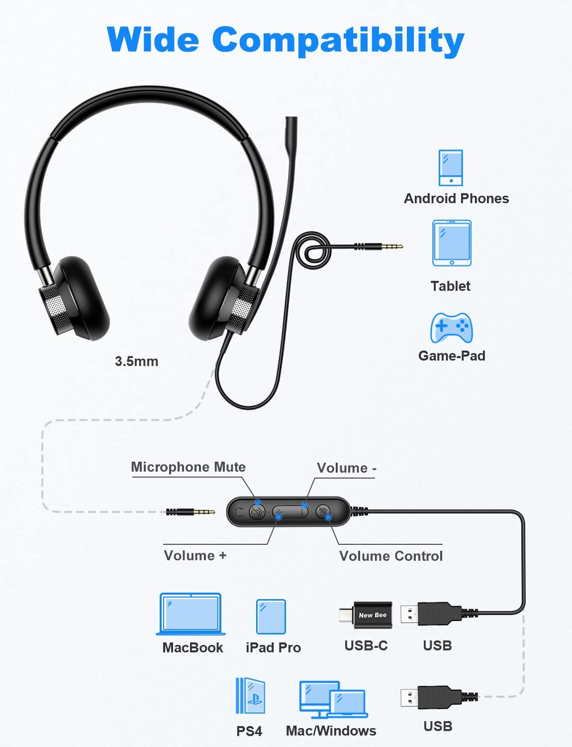 USB Headset New Bee with Microphone Flexible for L/R Side Super Lightweight Computer Headset In-Line Mute Wired Office Headset for PC, Laptop, Skype, Zoom, Call Center, Meetings, Webinar, Home image number 3