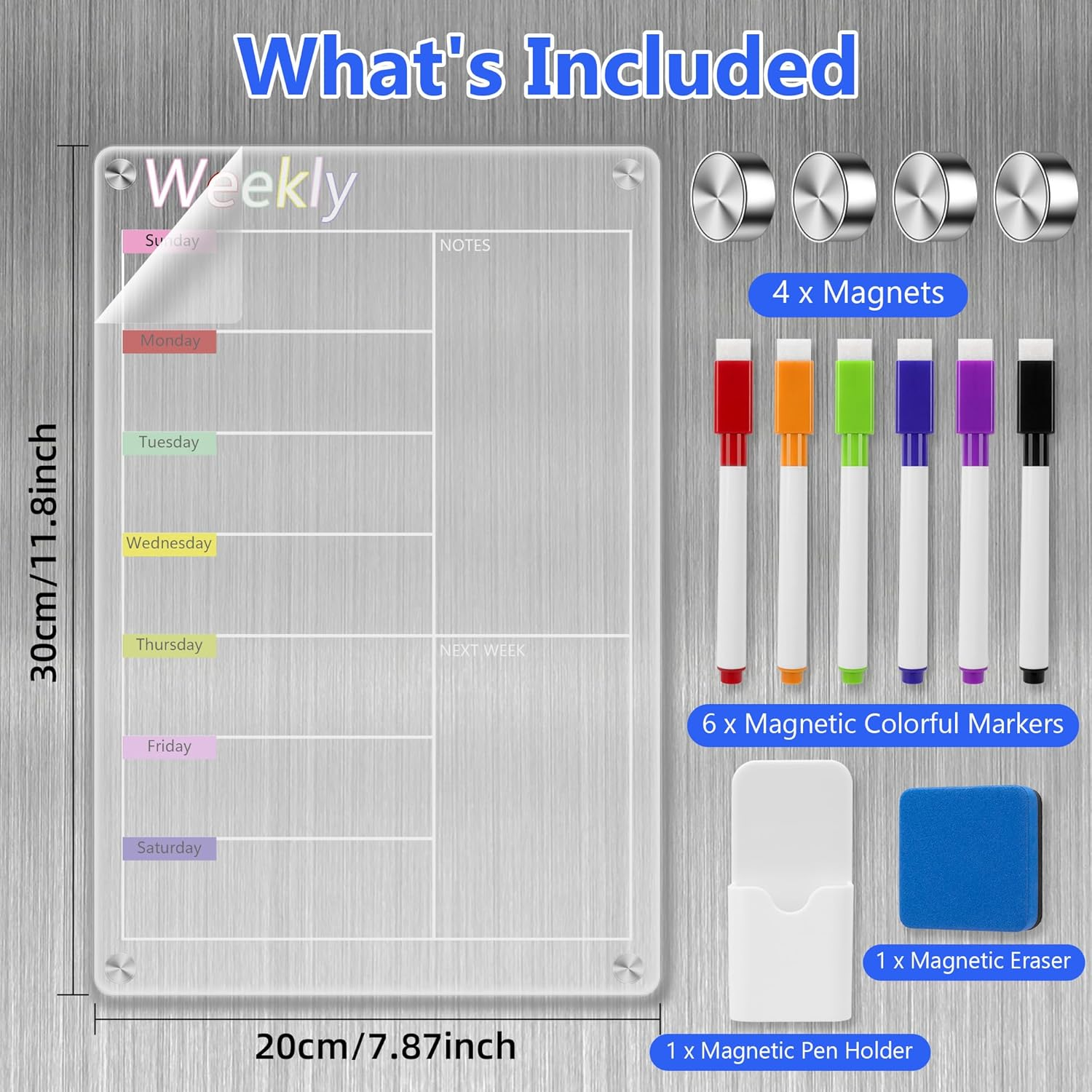 Zenbeya Clear Acrylic Meal Planner for Fridge, Magnetic Menu Board for Kitchen, Colorful Calendar Weekly Dry Erase Board for Refrigerator with 6 Magnet Markers & Eraser & Pen Holder (20X30Cm) image number 6