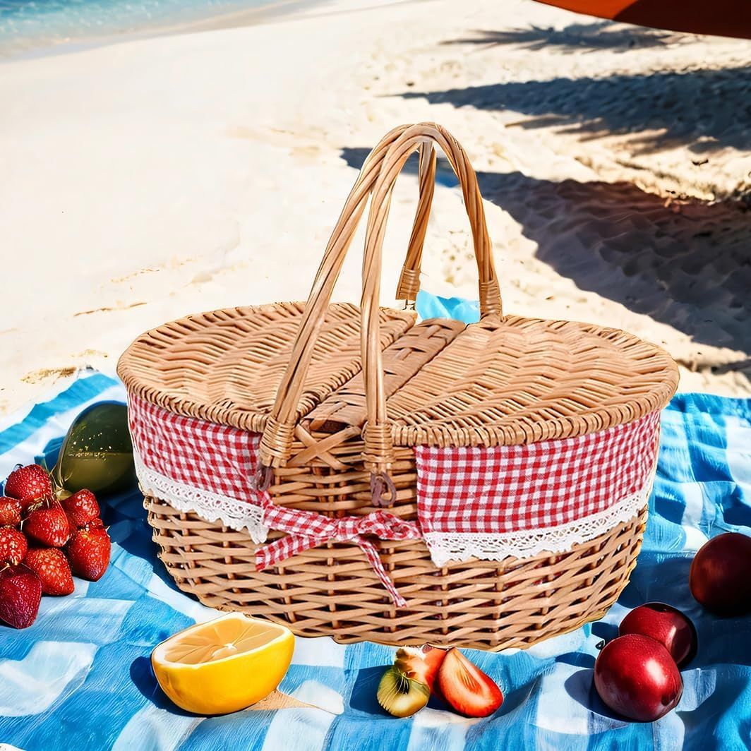 Wicker Picnic Basket with Removable Liner Empty Picnic Baskets with Lid for 2, Picnic Hamper with Foldable Handles for Picnic 2,Checkered image number 6