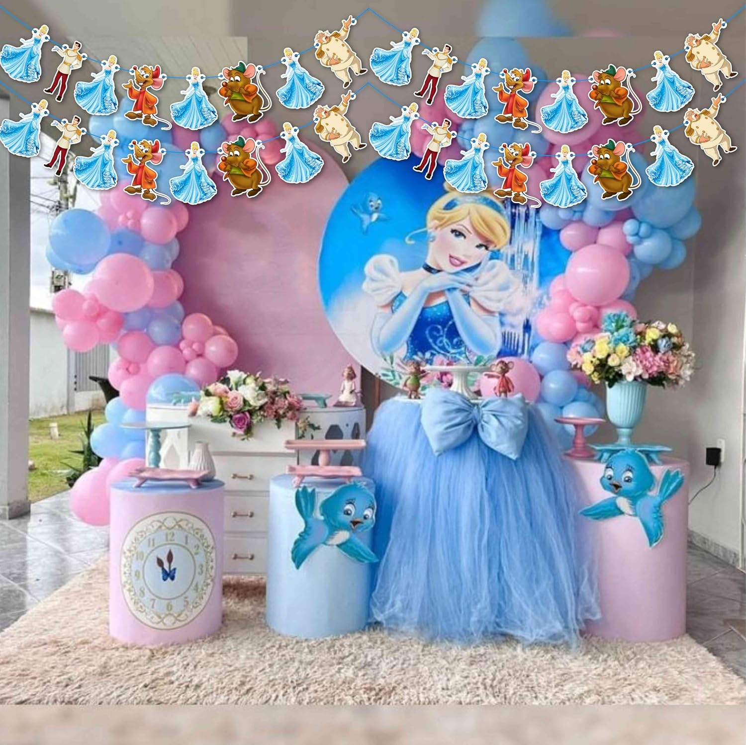 Cinderela Garland Decorations for Princess Birthday Parties, Fairy Tale Celebrations, and Royal Events &ndash; Elegant Blue and Silver Banner with Castle, Glass Slipper, and Crown Designs image number 1