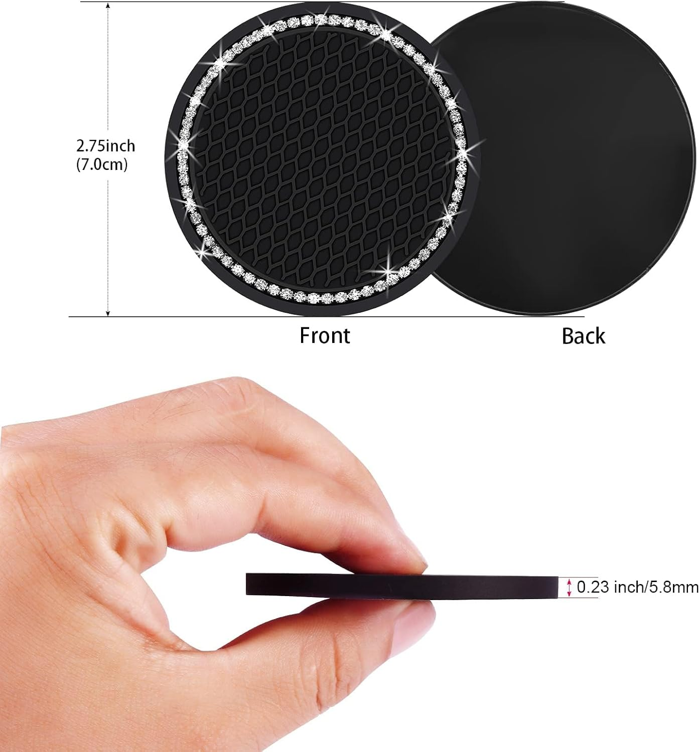 Car Cup Coaster, Universal Bling Crystal Rhinestone Car Cup Insert Coaster, 2.75 Inch Anti-Slip Shockproof Cup Mat, Auto Drink Pad Car Interior Accessories for Women Men (Black) image number 3