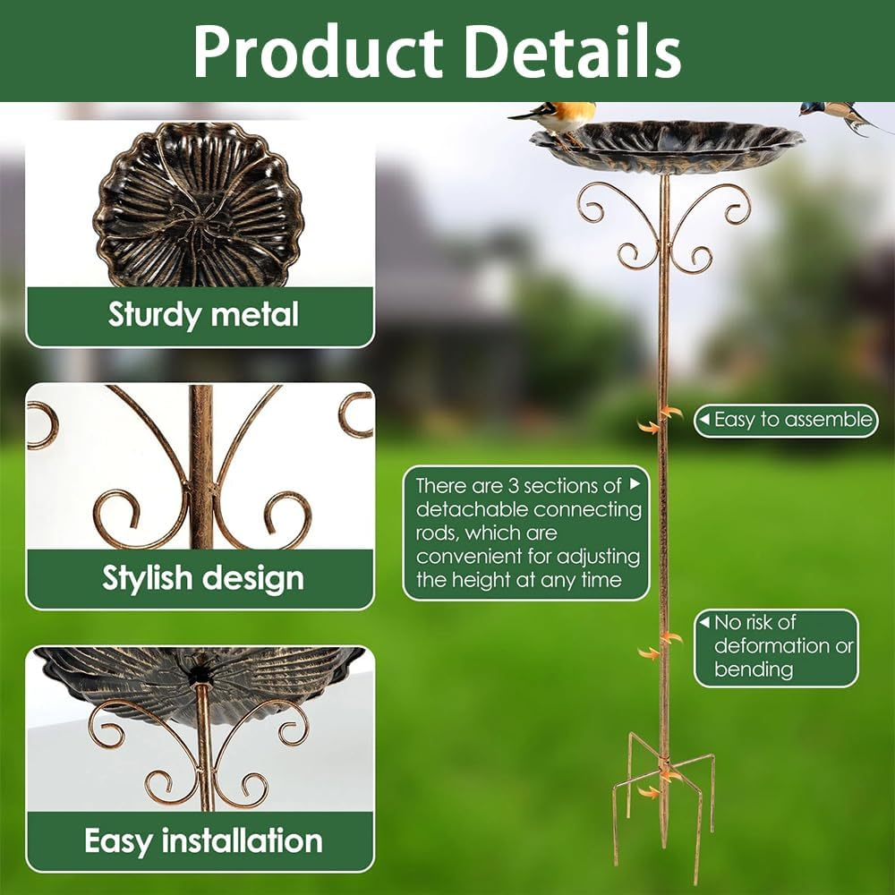 JIUSEGE Vintage Metal Bird Bath for Outdoors, Adjustable Standing Bird Feeder Bowl for Garden, Yard, Balcony & Patio, Decorative Outdoor Birdbath