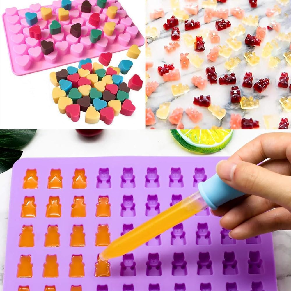 Armastuse 3 Pack Gummy Bear Candy Molds Silicone, Molds with 4 Droppers, Non-Stick Silicone Candy Molds,Mini Donut for Jelly, Candy, Chocolate (Blue,Purple, Pink) image number 3