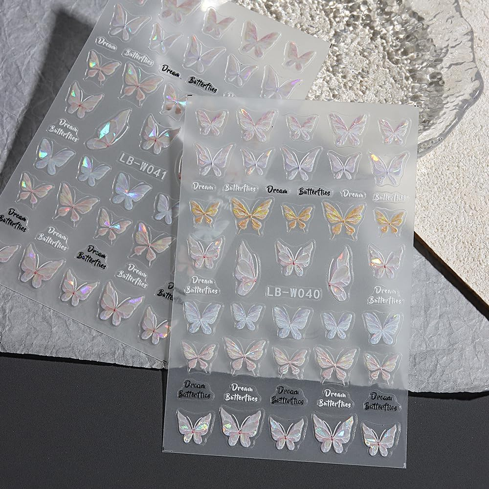 2Sheets Nail Art Stickers, 3D Self-Adhesive Holographic Butterfly Nail Design image number 5