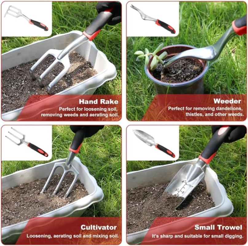 8 Piece Stainless Steel Gardening Tool Sets,Heavy Duty Outdoor Hand Tools Garden Tool Set with Non Slip Rubber Grip,Uprooting Weeding Tool, Gifts for Women Men (Red) image number 6