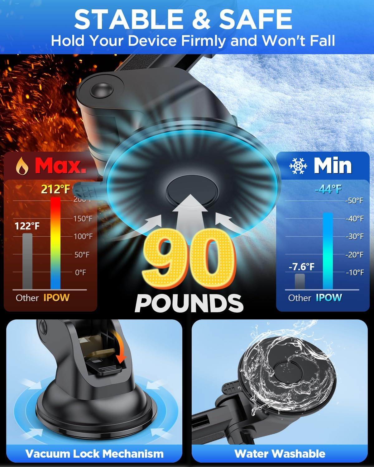 IPOW Magnetic Car Mount, Dashboard Magnetic Phone Holder for Car, Windshield Car Magnetic Phone Mount for Iphone 14/13/12 Series, Tap and Secure Mount, Black