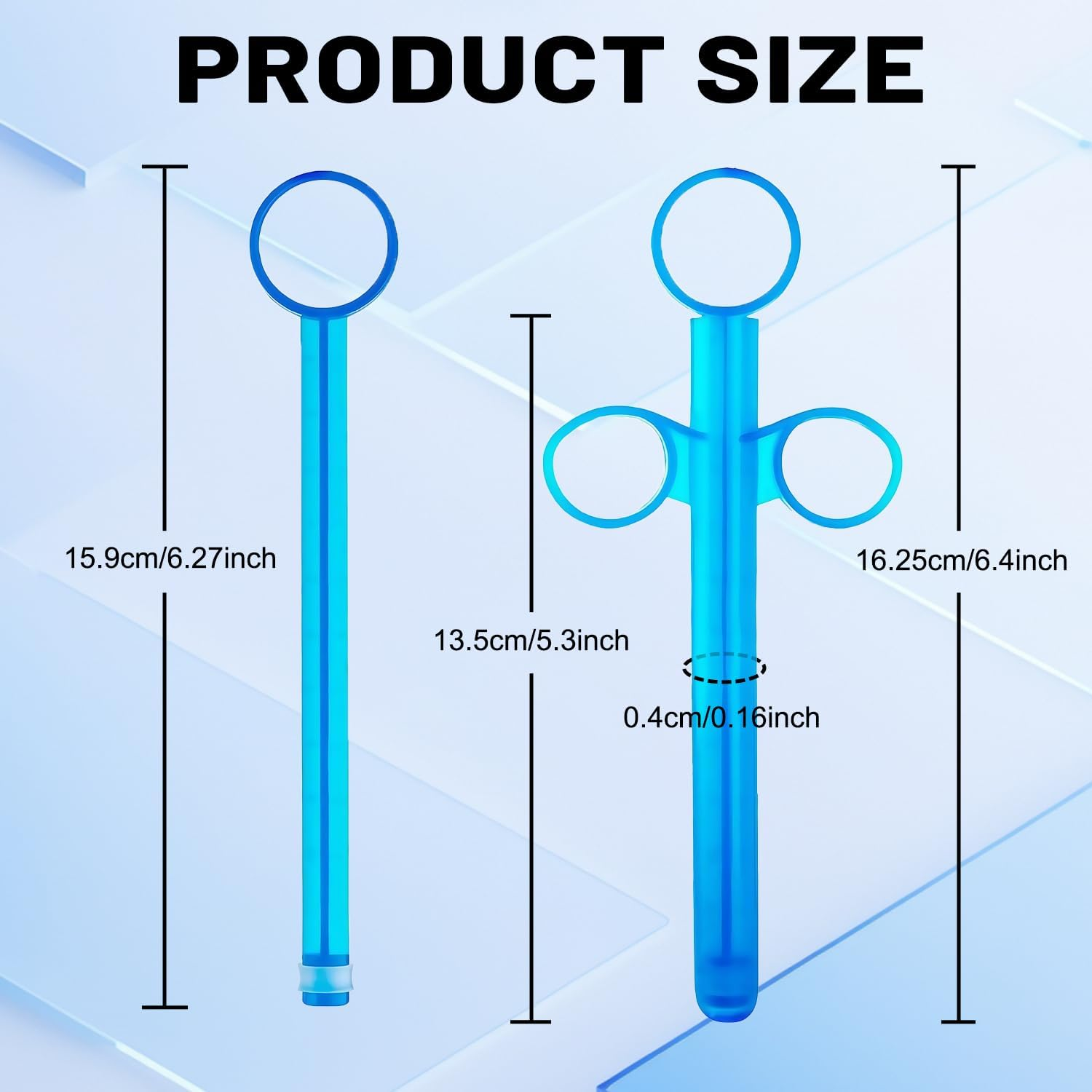 DVEDO Lube Launchers with Scales for Precisione, 6.5&rdquo; Personal Lubricant Applicator Injector for Water Based Lubricant with Smooth Rounded Tip & Cap for Men Women, Reusable, Durable, Washable Blue & White