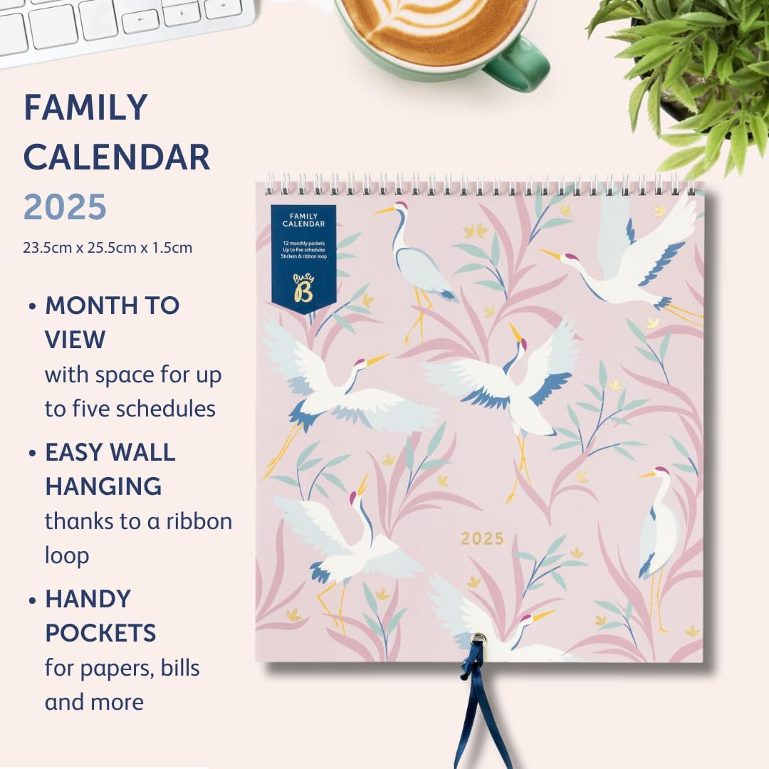 Busy B Family Wall Calendar 2025 &ndash; Birds Design with 5 Columns & Storage Pockets - Monthly 2025 Calendar for Busy Families with Colour-Coded Stickers - 25.5 X 23.5Cm image number 2