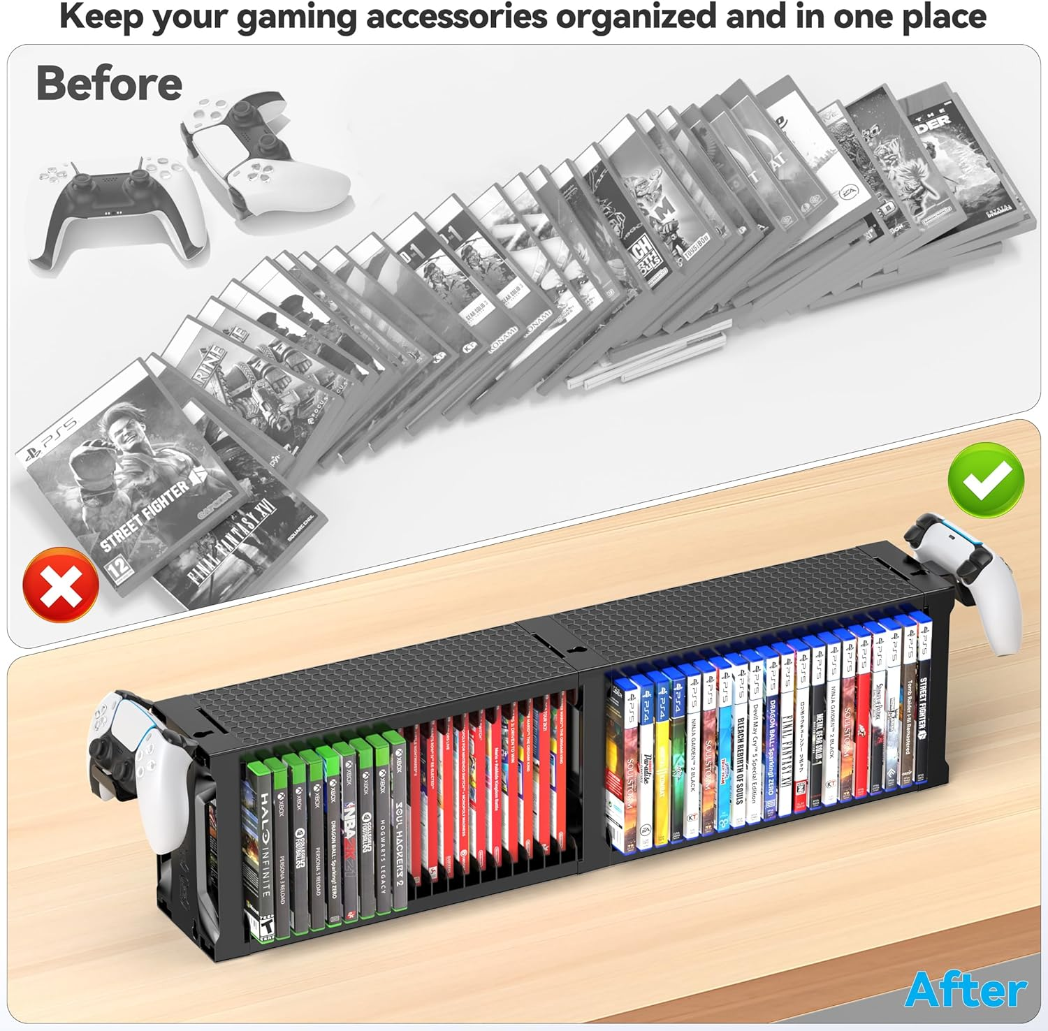 Kytok Video Game Storage Stand Tower with Controller Holder, Wall Mount Game Disc Case Organizer Compatible with PS5 PS4 Nintendo Switch Xbox Series/One, Vertical & Horizontal Stand for 40 Gaming Disc image number 4
