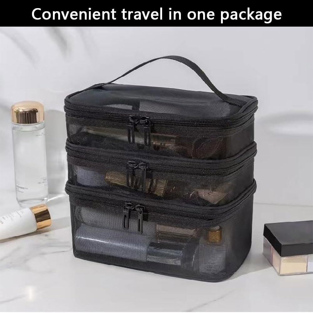 RUTREZOGO 3 Pack Mesh Makeup Bags, Zippered Cosmetic Organizer Pouches Set (Small, Medium, Large), Black Travel Toiletry Makeup Purses for Daily Use, Accessories & Stationery Storage image number 1