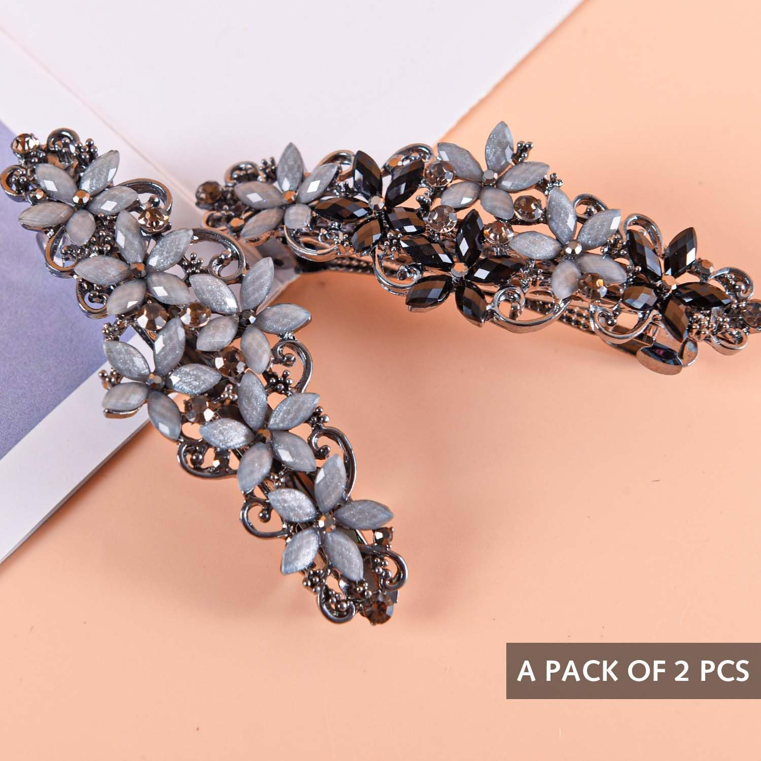 2 Pieces Elegant Hair Clips for Women and Girls - Crystal Flower Glitter Clip and Exquisite Vintage French Hair Accessories (Black Blue/Blue) image number 5