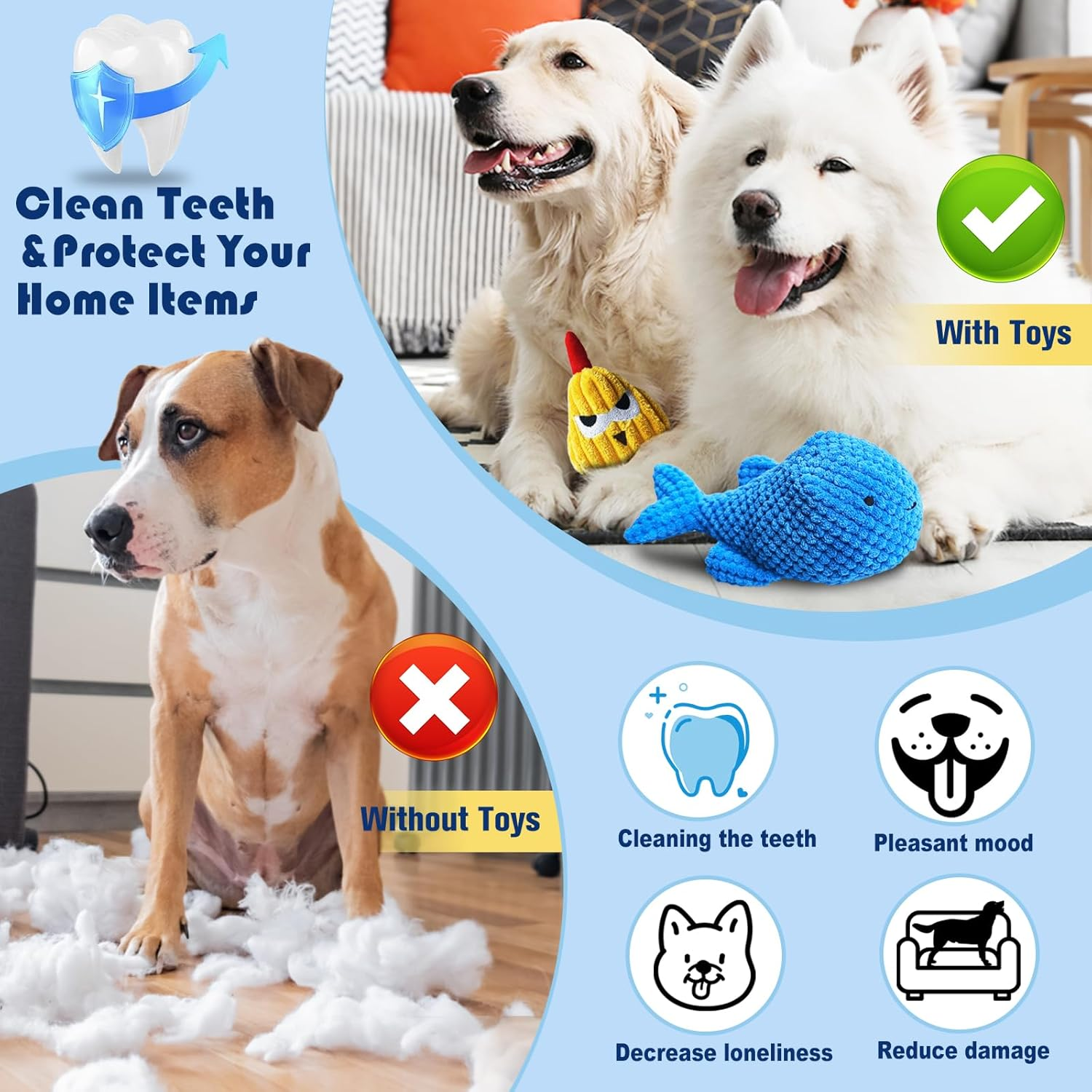 2PCS Dog Chew Toys for Puppy Teething Training, Interactive Squeaky Plush Toys for Small Dogs, Shark & Chicken Shapes for Dental Cleaning/Soothing Gums/Play Training image number 4