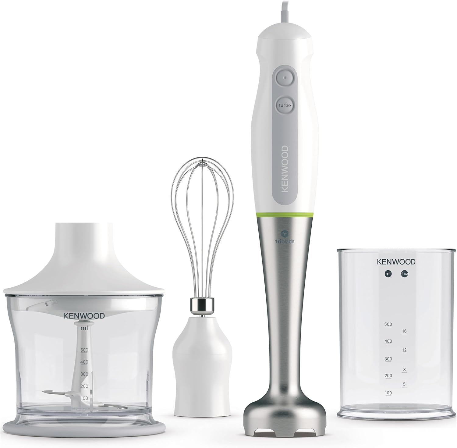 Kenwood Triblade Hand Blender HDP101WG, Stainless Steel Blade, 600W Motor with Turbo Function, Includes Beaker, White image number 1