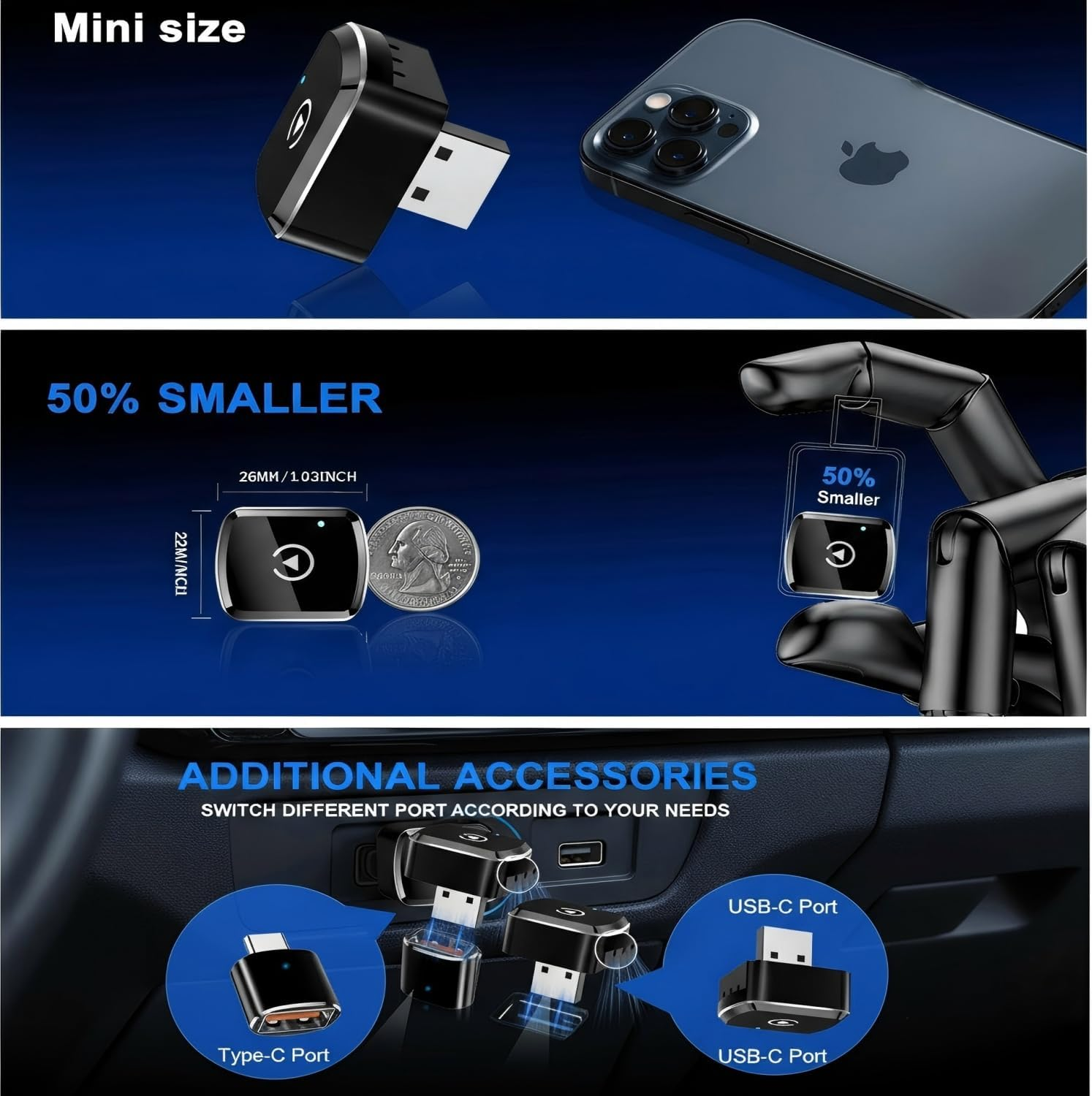 2025 Upgrade 2-In-1 Wireless Carplay Adapter& Android Auto Wireless Adapter, Converts Factory Wired to Wireless, A7 Dual-Core Chip for Zero Latency,Plug & Play Dongle with Stable Connection image number 3