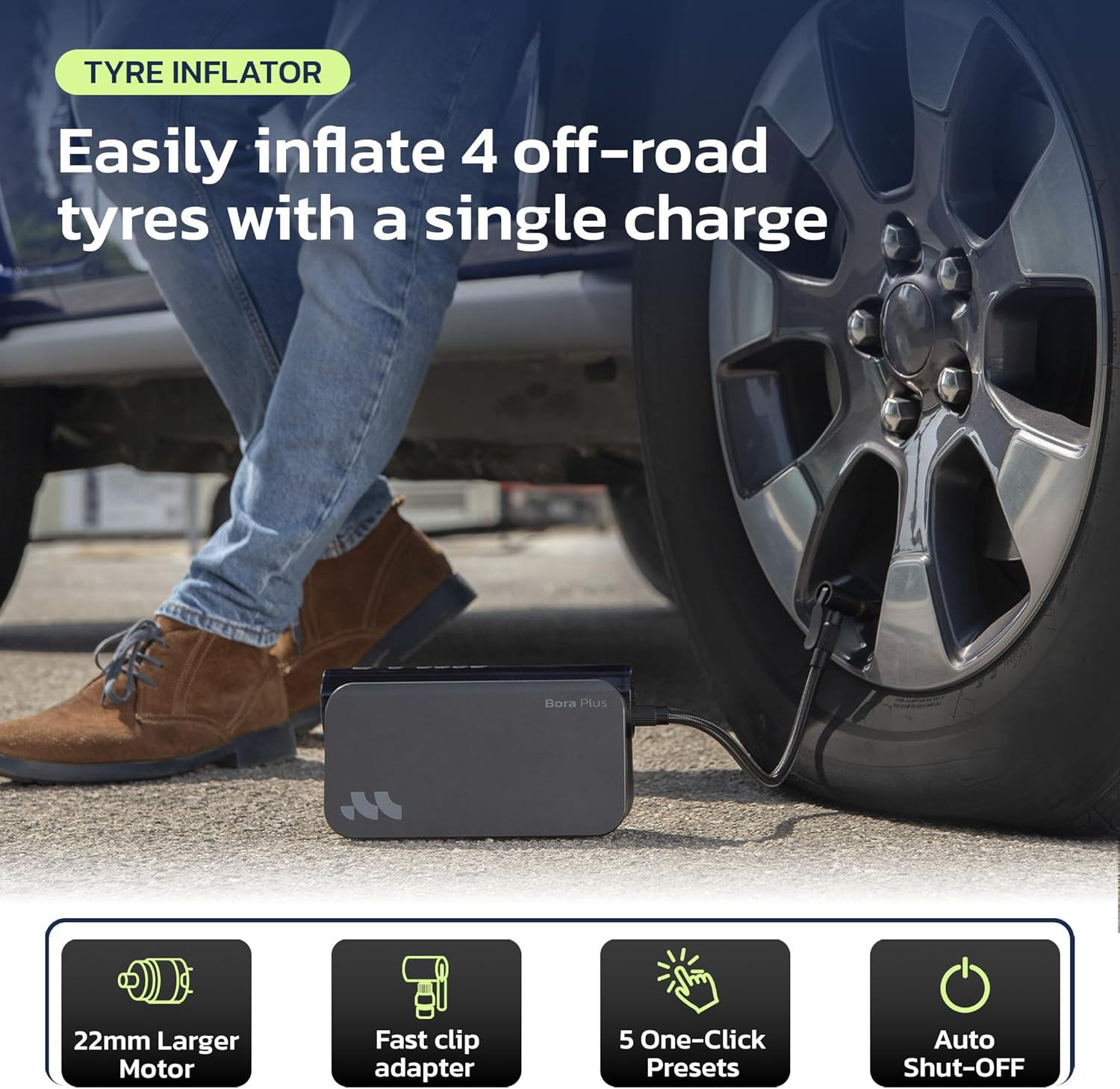 Woowind Air Compressor Tyre Inflator for Car Tires,150Psi with Emergency Start-Up Power Supply, Auto Shut-Off Functionand and LED Light, Portable Air Pump with Pressure Gauge, Set of Nozzle Adaptors image number 2