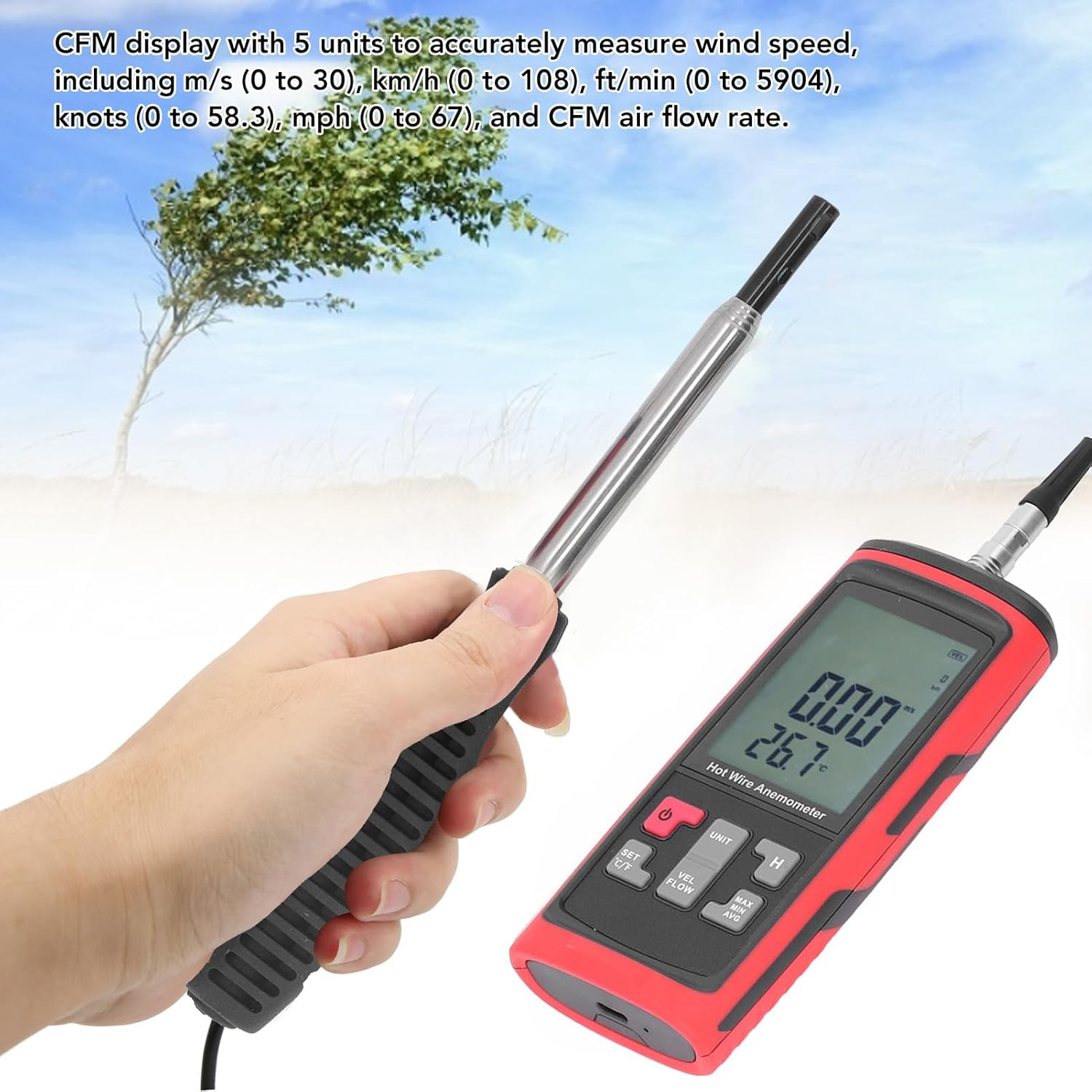 Asixxsix Digital Anemometer, Handheld Wind Speed Meter with Extended Wind Sensor & Temperature Humidity Display, Measures Speed Temperature and Humidity image number 6