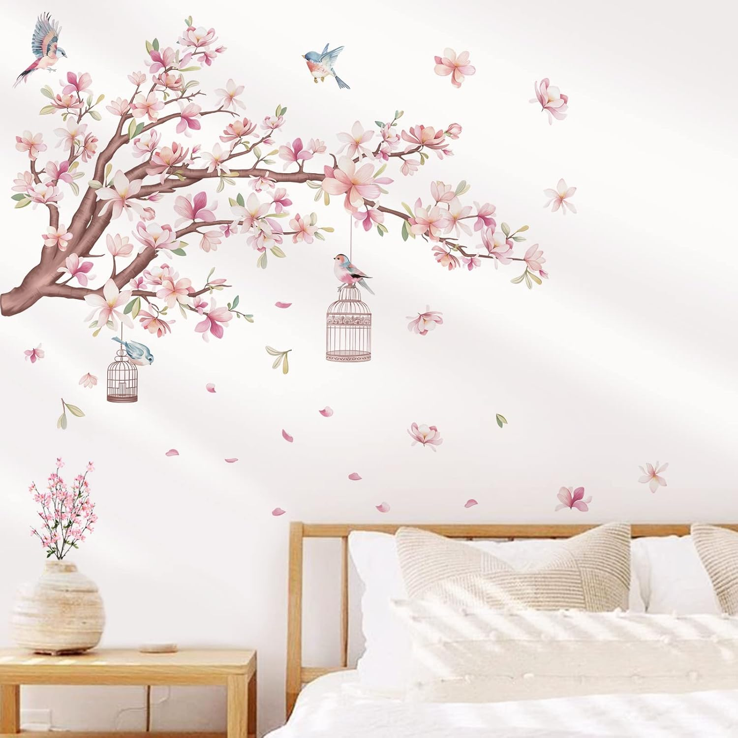 Wondever Cherry Blossom Flowers Wall Stickers Pink Magnolia Floral Tree Branch Birds Peel and Stick Wall Art Decals for Living Room Bedroom TV Wall image number 3