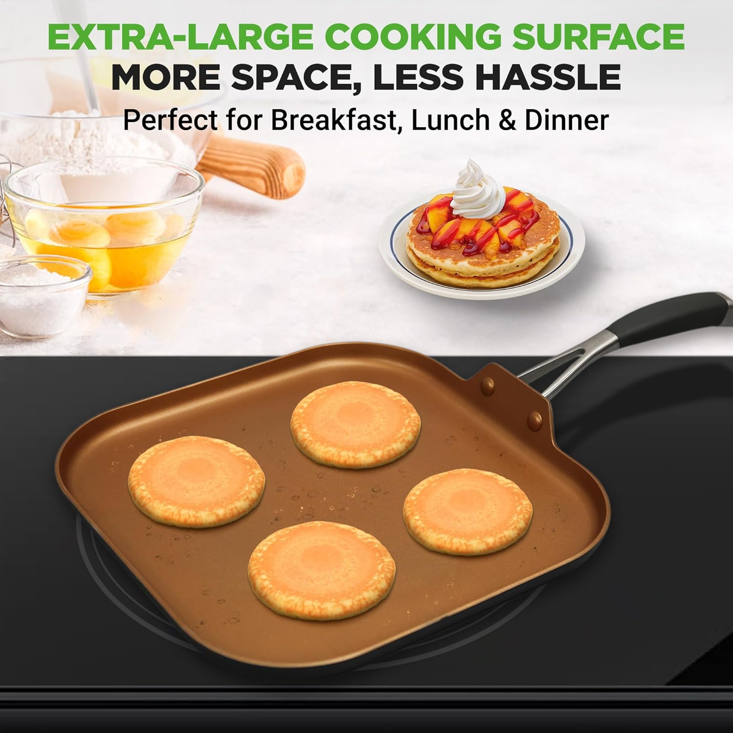 Nutrichef Nonstick Kitchen Cookware Set Copper Non-Stick Coating Inside, Hard-Anodized Look Heat Resistant Lacquer Outside, Silicone Handle NCSQPA, 1 Griddle image number 4
