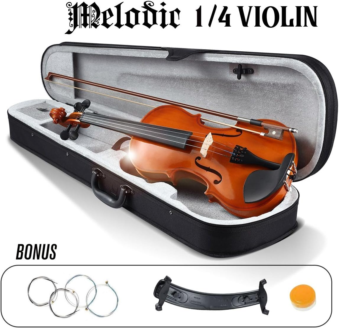 Melodic 1/4 Size Acoustic Violin Kit 4 Strings Natural Varnish Finish with Case Bow image number 5
