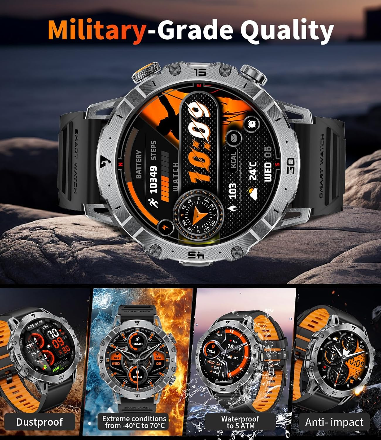 Military Smart Watch for Men (Answer/Make Calls), 1.7" Display with 1000Mah Large Battery/Led Flashlight/3 Straps/2 Charger, Health Tracking, 114 Sports Modes, IP68, Digital Man Watch for Android Ios image number 3