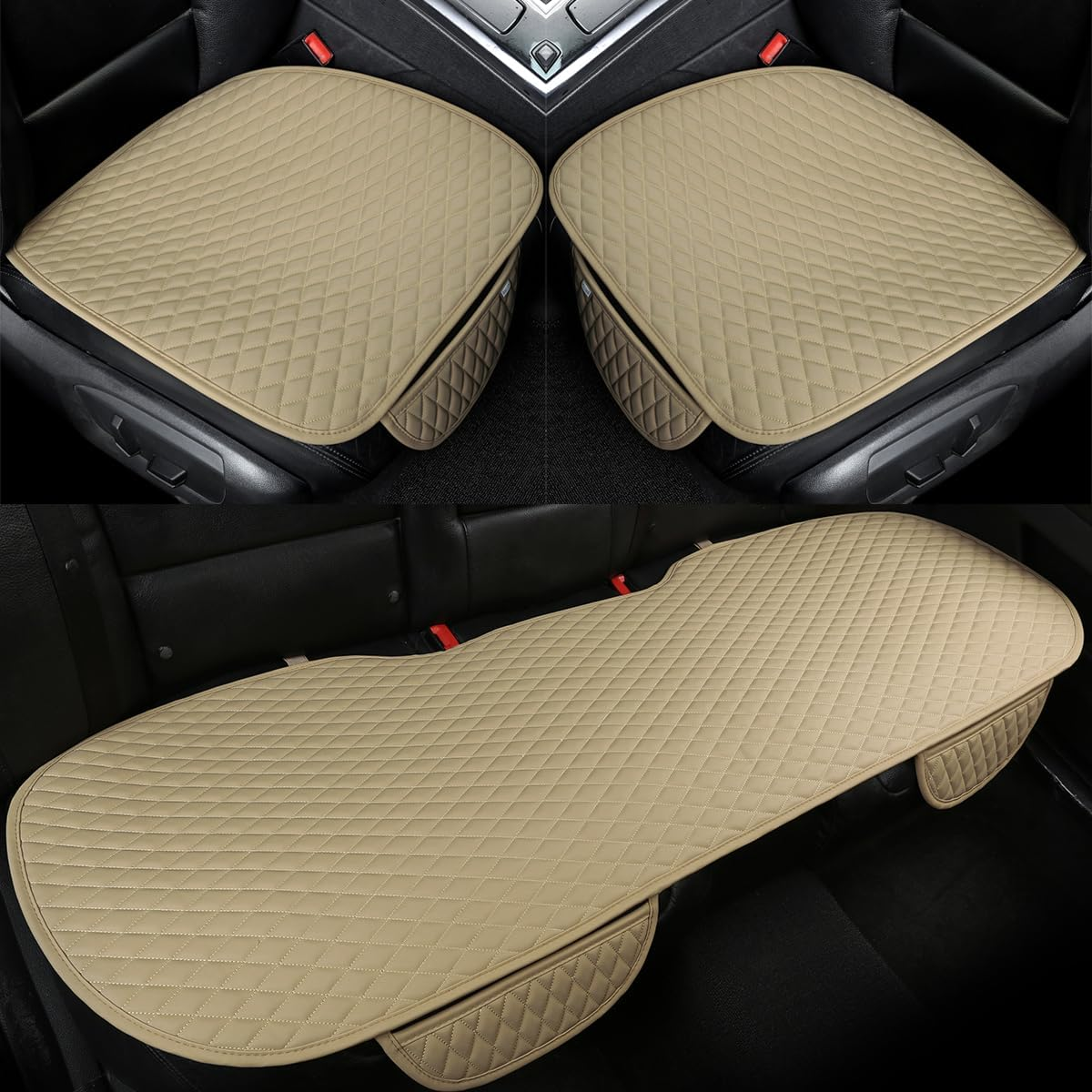 West Llama Full Set Car Seat Covers for Front and Rear Bottom Seats Only, Luxury PU Leather Car Seat Pads Protectors Waterproof and Wear-Resistant,Beige