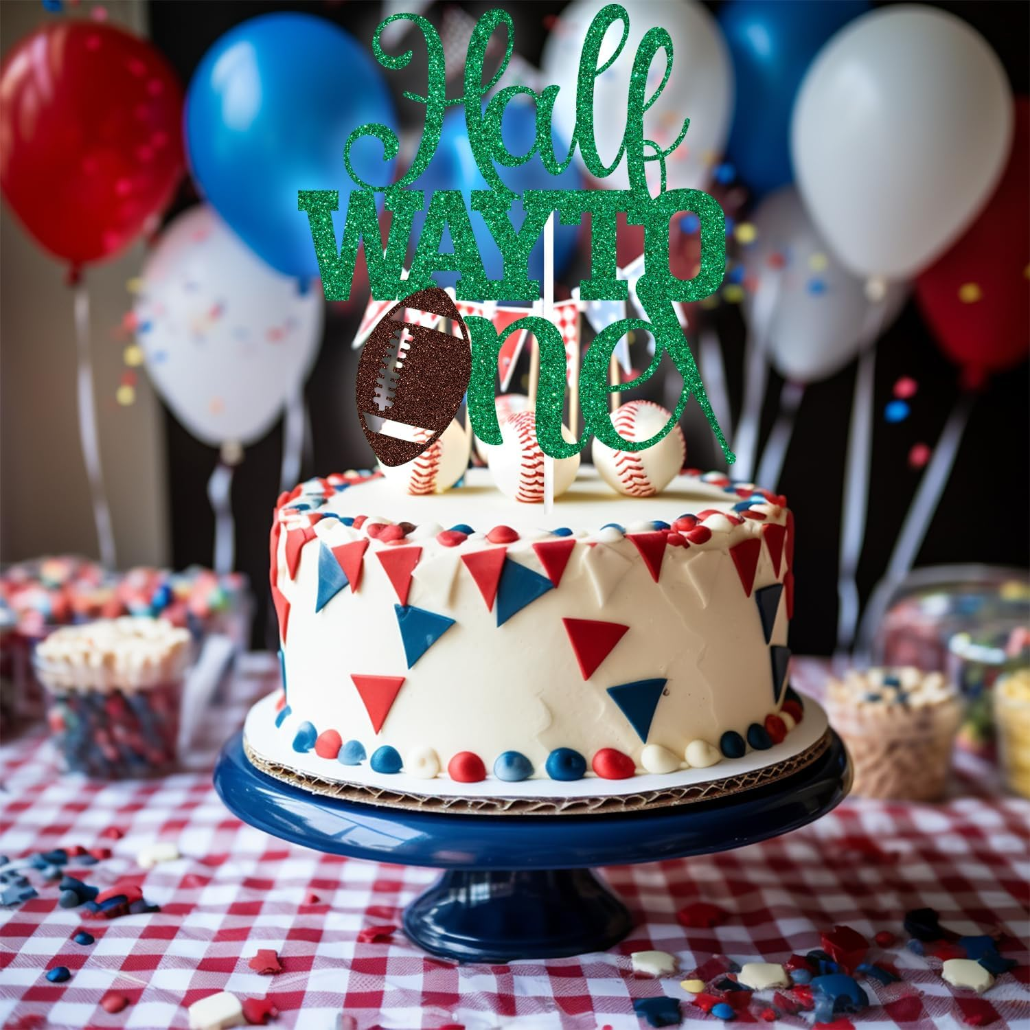 Green Glitter Half Way to One Cake Topper, It'S My 1/2 Birthday/1/2 Way to One, Soccer Football Themed Baby'S 6 Months Birthday Party Decorations for Baby Boys Girls image number 3