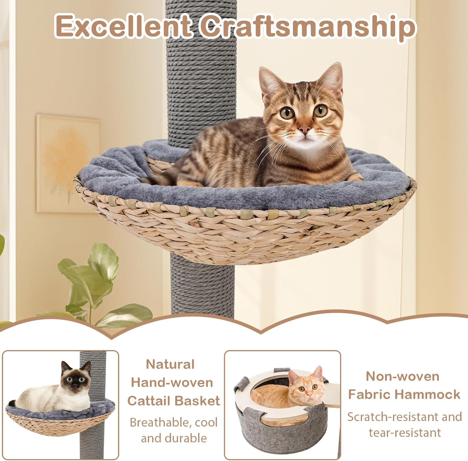 Floor to Ceiling Cat Tree, Tall Cat Tower W/Adjustable Height(236-271Cm) for Indoor Cats, 5 Tier Cat Climbing Activity Center W/Scratching Post, Springboard, Basket Bed, Hammock image number 4