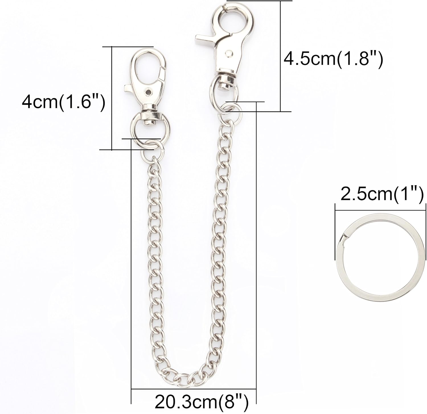 Wisdompro Wallet Chain, 2 Pack 8 Inch Heavy Duty Pocket Keychain with Lobster Clasps and 2 Keyrings for Keys, Wallet, Jeans, Pants, Belt Loop, Purse and Handbag - Silver image number 2