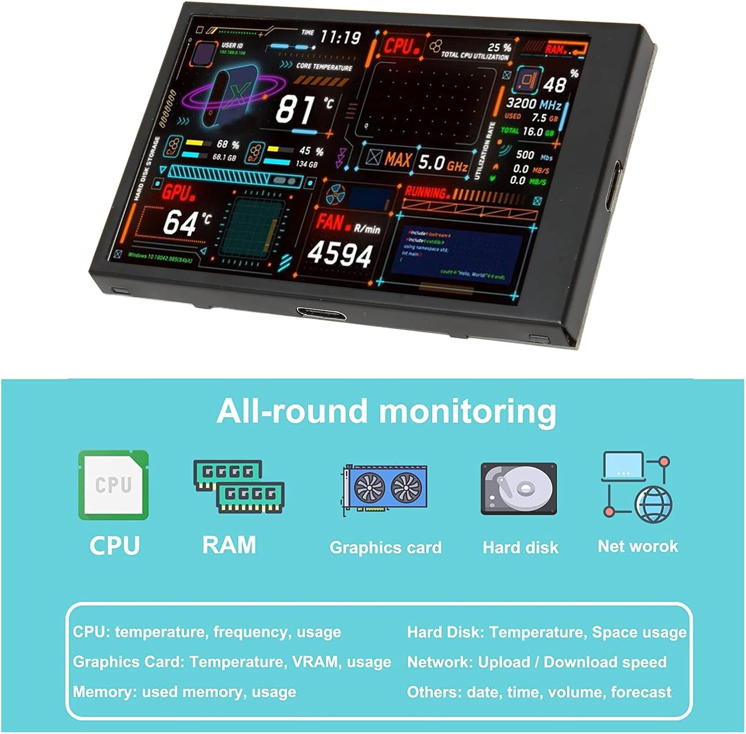 Computer Temperature Monitor, 3.5 Inch Display, Data Display, USB C Interface, Customizable Layout, Brightness Adjustment, Black, for System image number 5