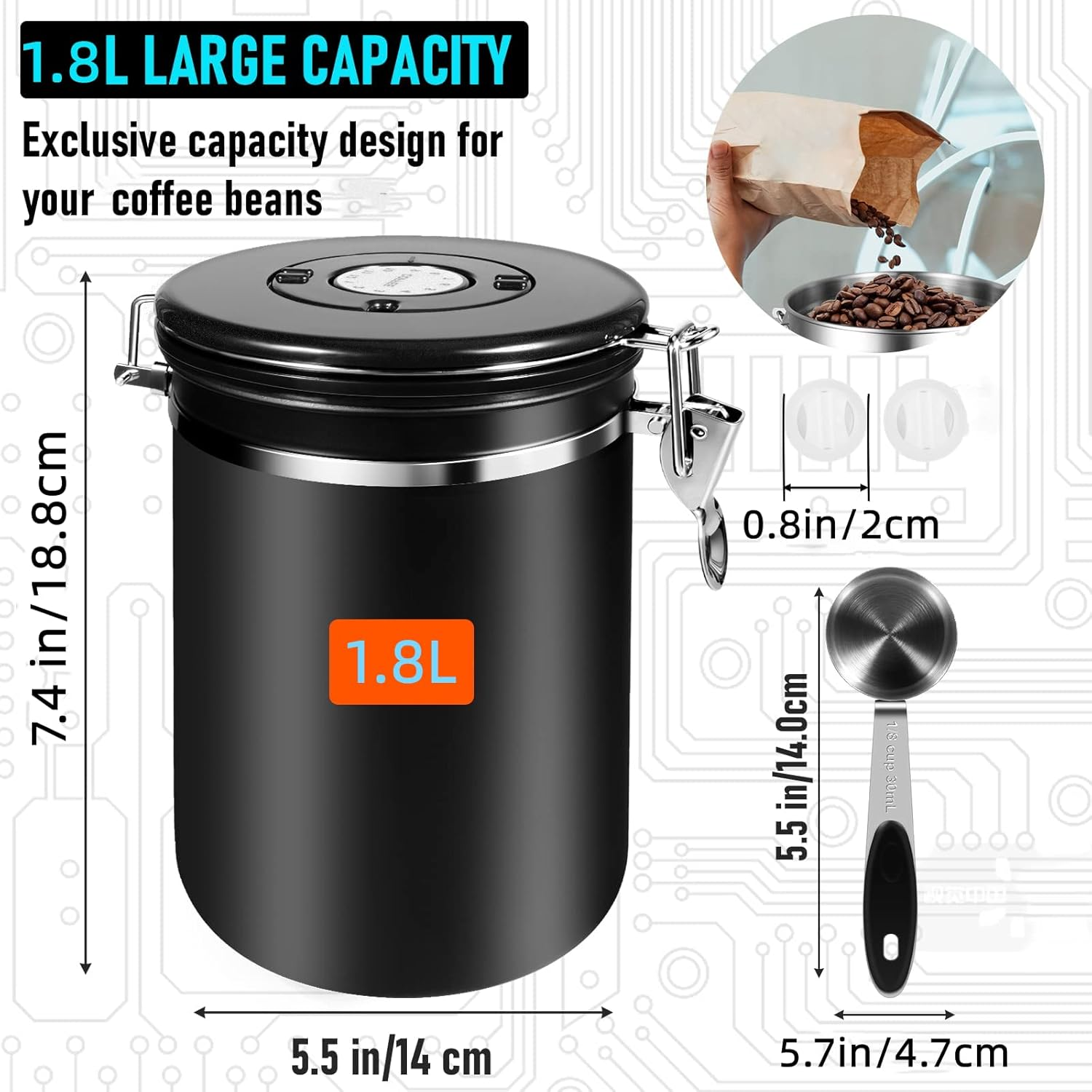 1.8L Airtight Coffee Canister, Stainless Steel Coffee Jar with Measuring Scoop, Date Tracker and 2 CO2 Release Valve, Coffee Container for Beans, Ground, Tea, Flour and Sugar Black image number 5