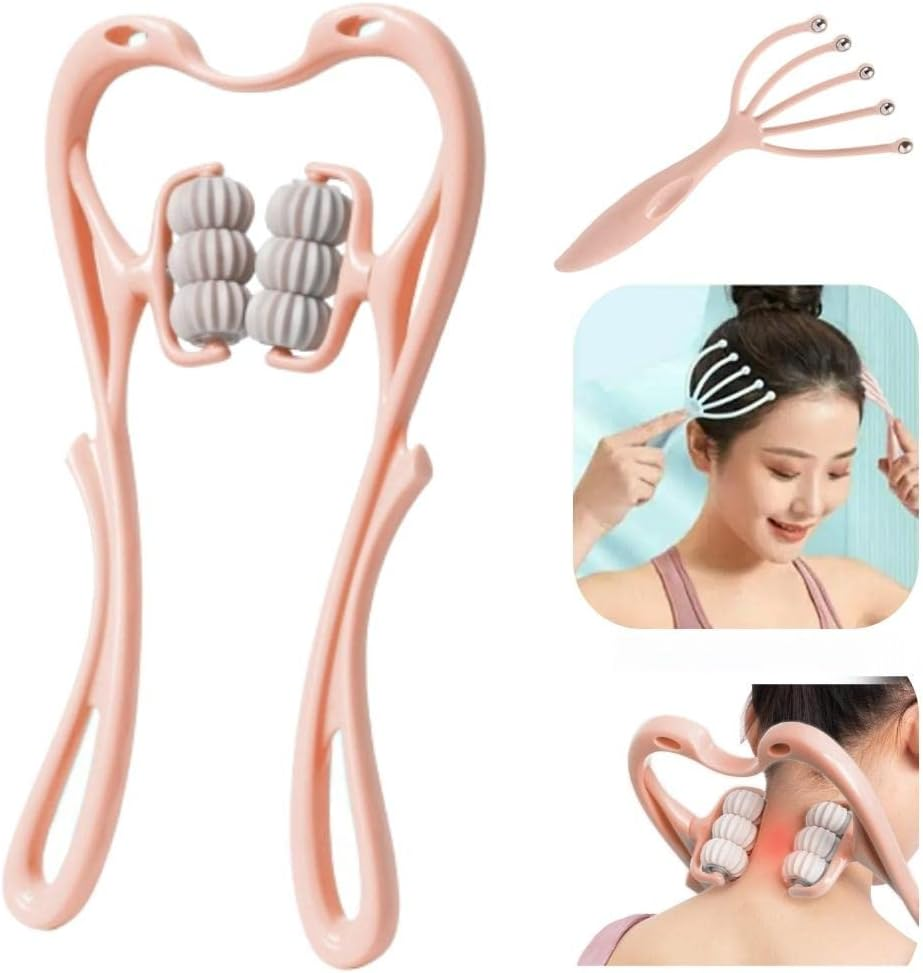 Neck Massager, Trigger Point Roller Massager for Pain Relief Deep Tissue Handheld Shoulder Massager Tool with 6 Balls Massage Point Suitable for Legs Waist Neck and Shoulder Relaxer (Pink)