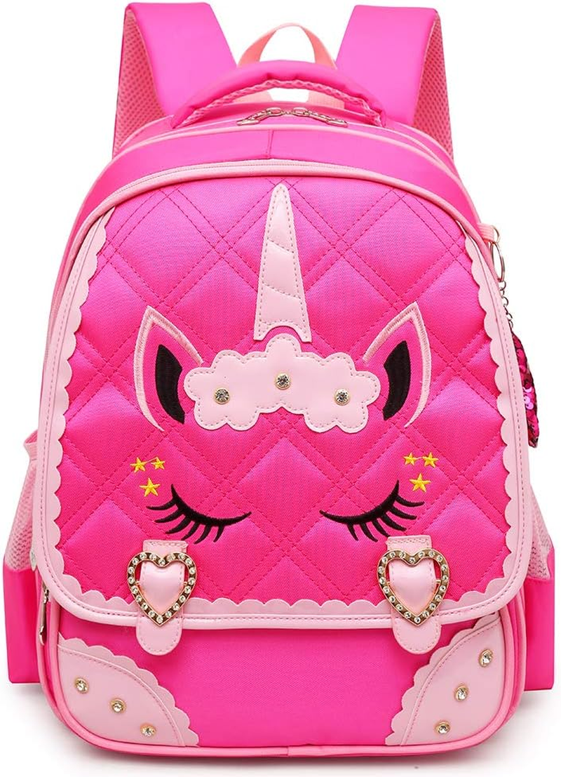Moonmo Cute Unicorn Face Diamond Sequins Waterproof Princess School Backpack Set Girls Book Bag