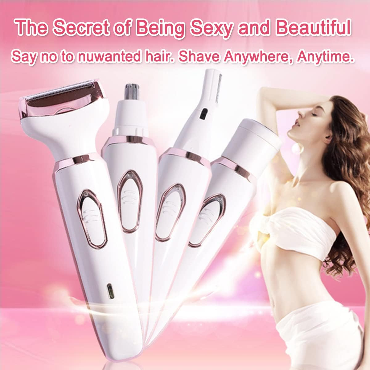 Electric Razor for Women,Hair Trimmer for Face Nose Eyebrow Beard Mustache Arm Leg Armpit Bikini,Painless Rechargeable Portable 4 in 1 Womens Body Shavers Set image number 3