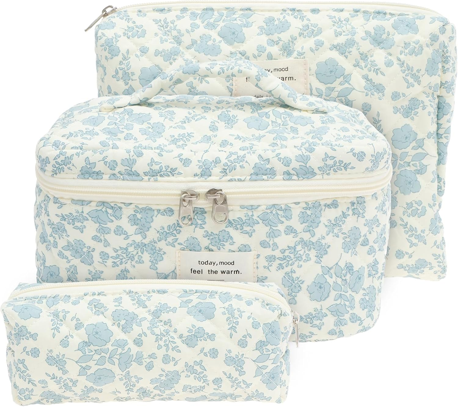 3 Pcs Makeup Bag Cosmetic Bag Cute Cotton Large Quilted Travel Makeup Pouch Multifunctional Cosmetic Pouch Set for Women Girls Ladies (Pink)