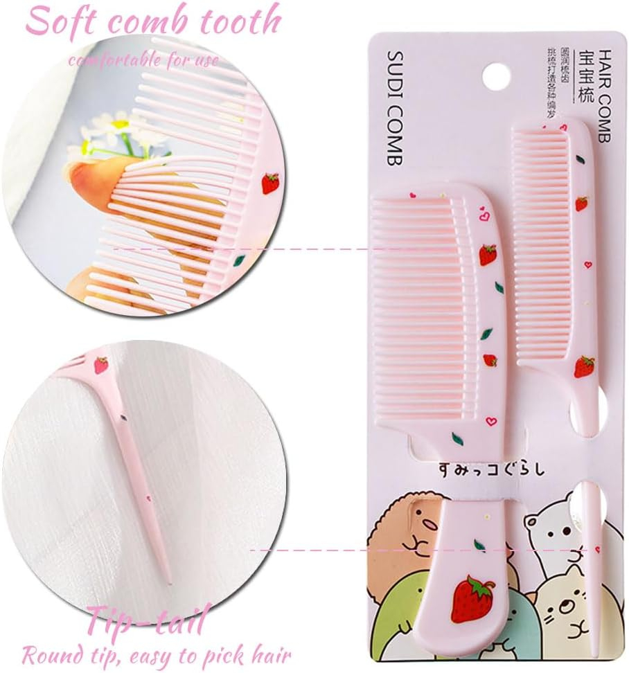 3Pcs Girls Hair Brush & Comb Set - Detangling Brush with Mirror & Wide Tooth Combs for Kids Curly Straight Long Hair, Pink Cat/Strawberry image number 2