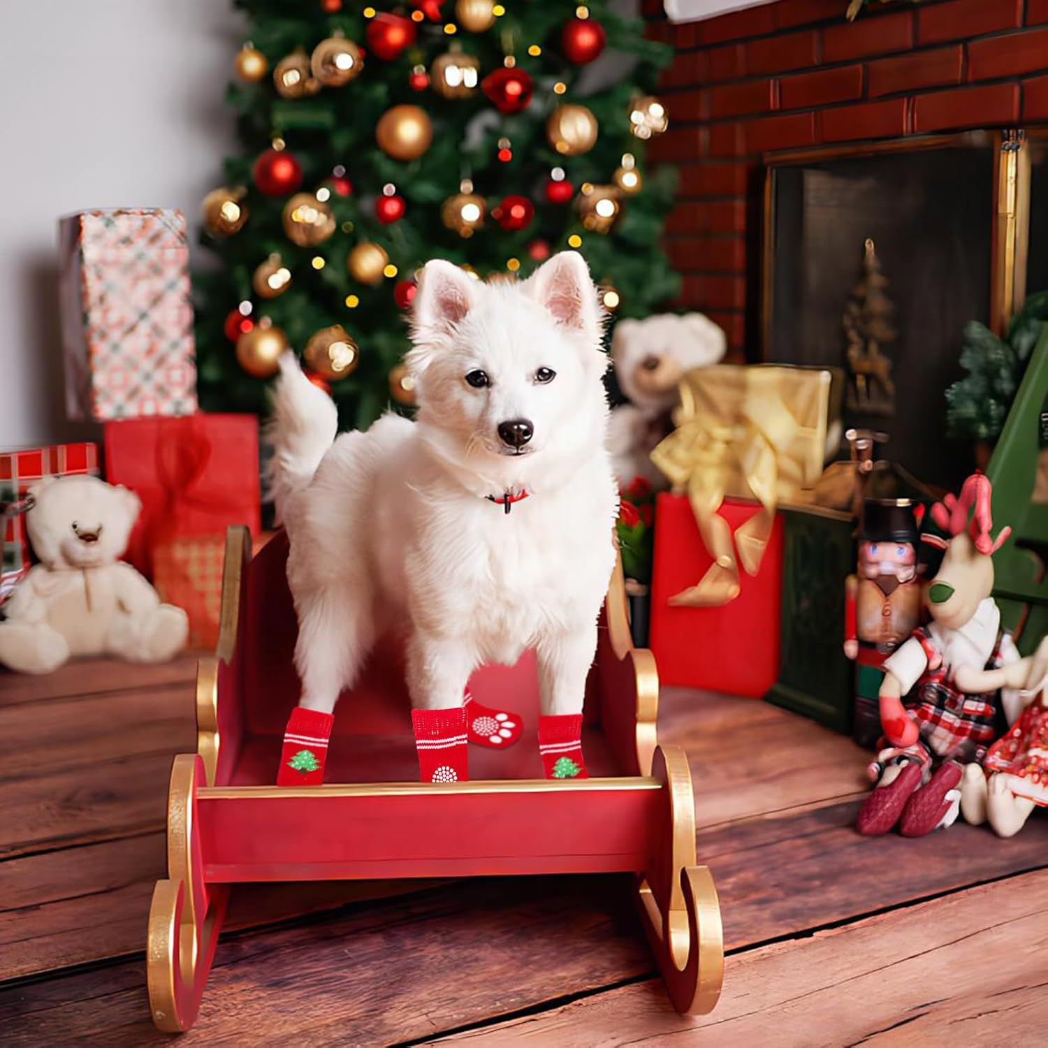 4 Pairs Christmas Dog Socks Anti-Slip Dog Paw Protector Cat Puppy Knit Socks for Indoor Outdoor Grips Traction Control on Hardwood Floor Warm Pet Socks for Small Medium Large Dogs Cat Rabbit (B, L)