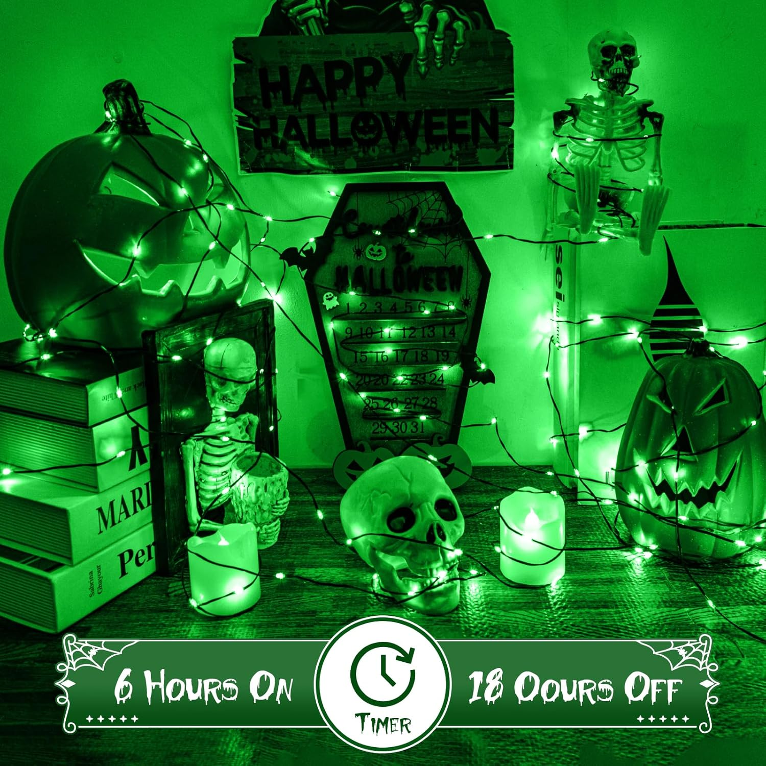 Pack of 2 Halloween Fairy Lights Battery, 5 M 50 LED Green Micro Fairy Lights Battery Operated with Timer, IP65 Waterproof Halloween Decoration Outdoor for Fireplace, Tree, Room, Garden image number 4